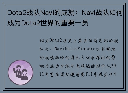 Dota2战队Navi的成就:Navi战队如何成为Dota2世界的重要一员