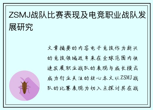 ZSMJ战队比赛表现及电竞职业战队发展研究